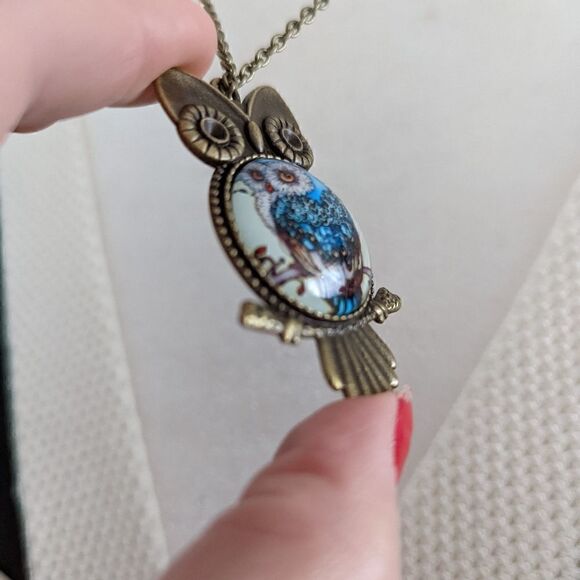 Owl Rustic Antique Gold Charm Cabochon Pendant Adjustable Statement Necklace - Picture 7 of 8